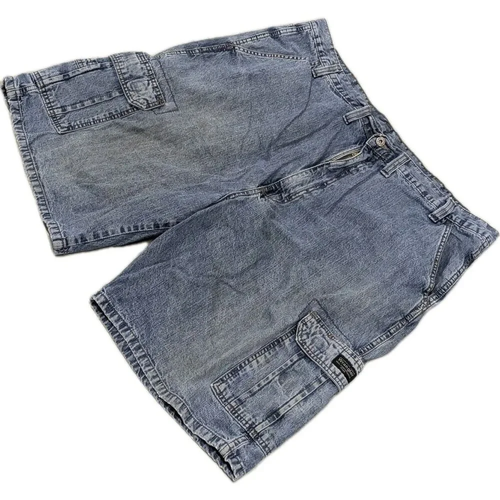 Y2K Baggy Workwear Wrangler Jorts‎ Carpenter Denim Cargo Men's 44 Worn Wash